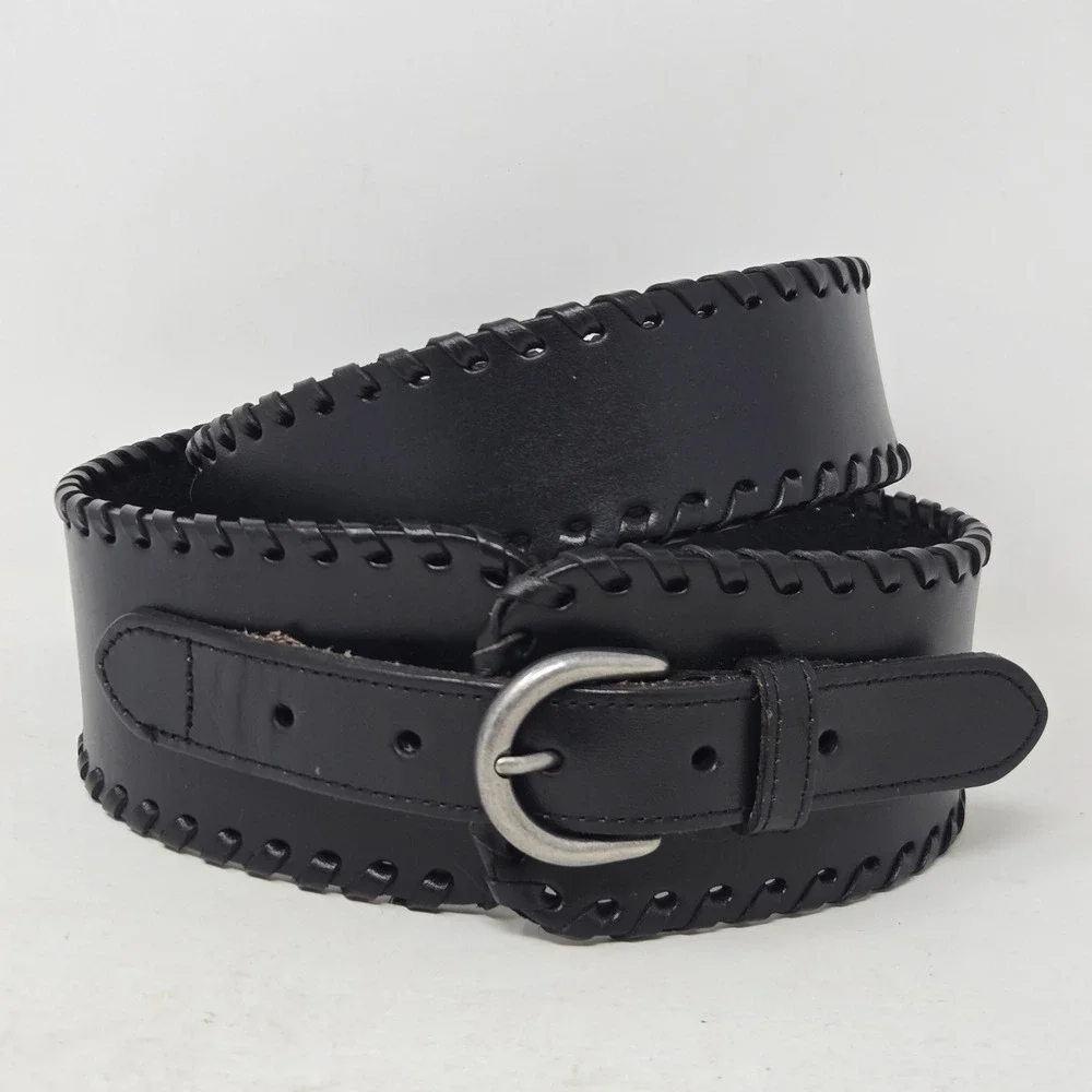 Banana Republic Womens Black Leather Whipstitch Wide Belt Large Silver Buckle